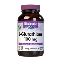 BlueBonnet L-Glutathione bottle side view showing 60 vegan capsules for daily antioxidant support.