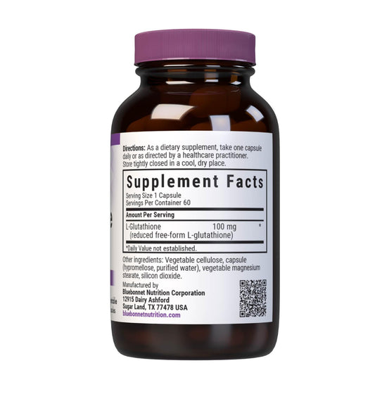 BlueBonnet L-Glutathione capsules close-up signaling vegan, non-GMO, and gluten-free wellness.