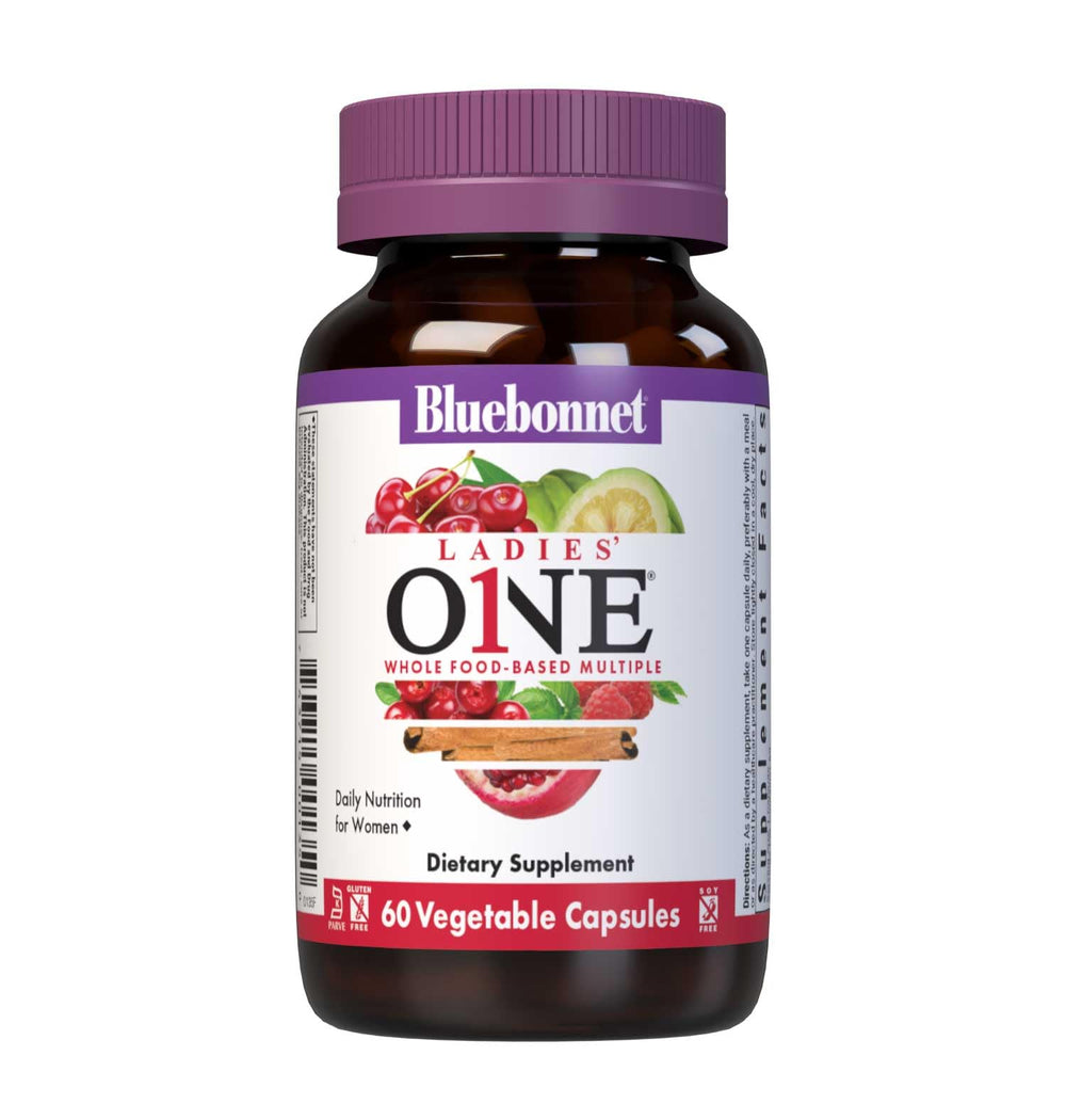 BlueBonnet Ladies One Vegetable Capsule bottle on shelf highlights a whole-food multivitamin for daily energy.