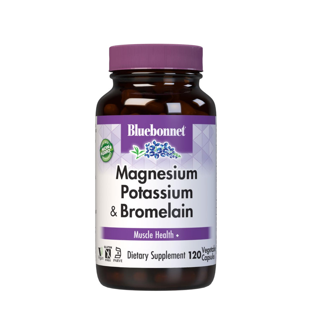 Bluebonnet magnesium-potassium-bromelain bottle front view for daily muscle support