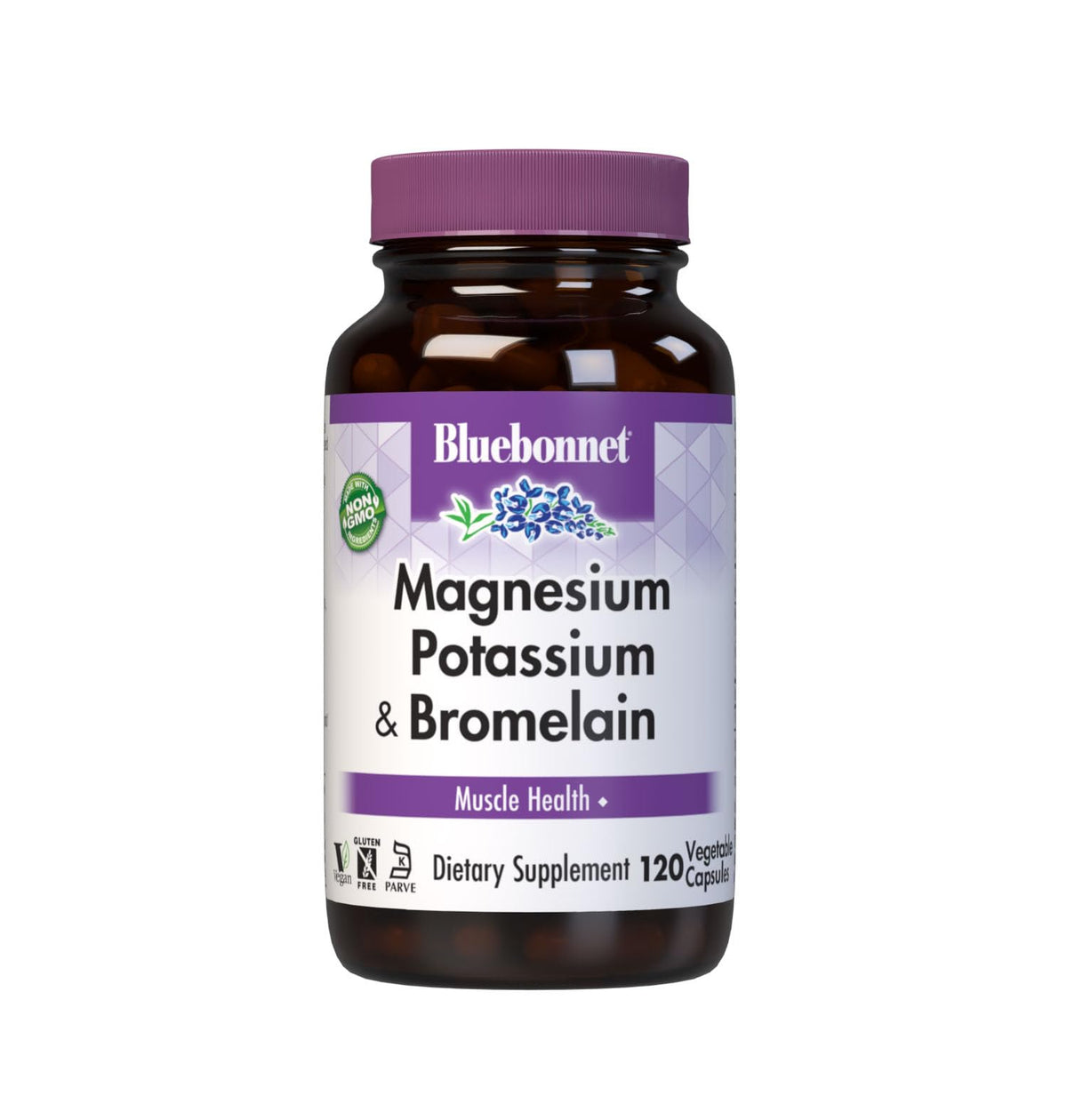Bluebonnet magnesium-potassium-bromelain bottle front view for daily muscle support