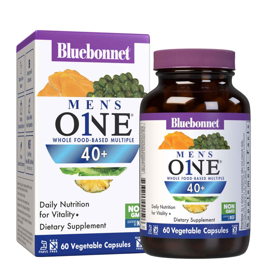 BlueBonnet Mens' One 40+ bottle with easy-to-swallow vegetable capsules for daily vitality