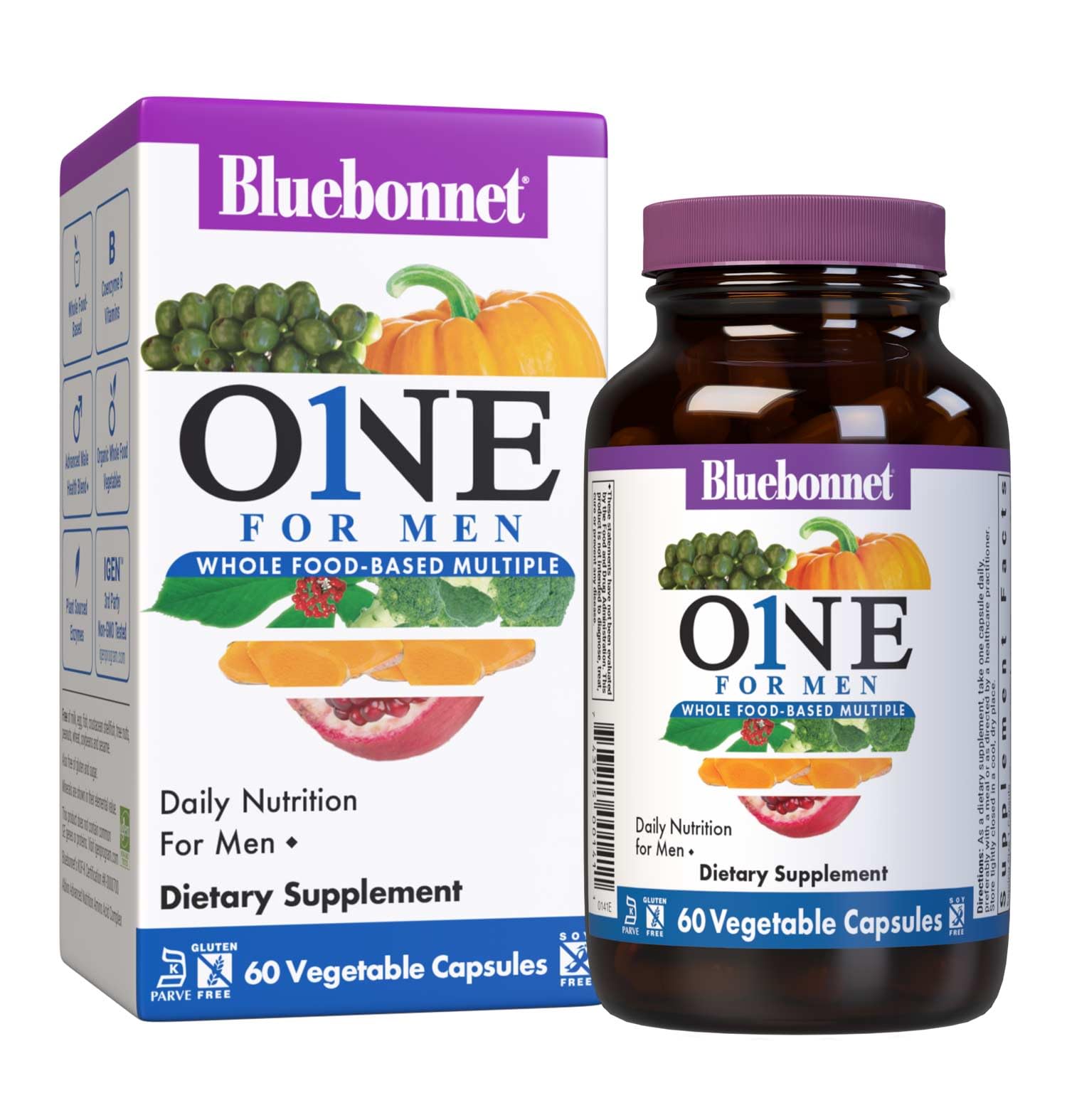 Bluebonnet Men's One Vegetable Capsule bottle highlighting a whole‑food multivitamin for daily energy