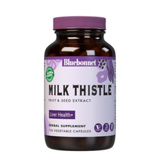 Bluebonnet Milk Thistle capsule close-up showing an easy-to-swallow vegan supplement for daily use