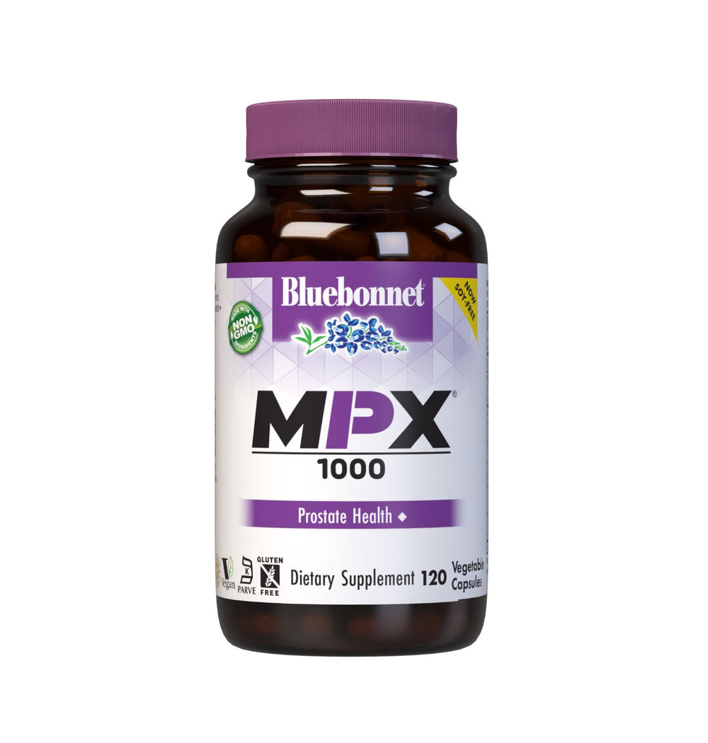 BlueBonnet MPX1000 bottle with capsules supporting prostate wellness in daily health routines.