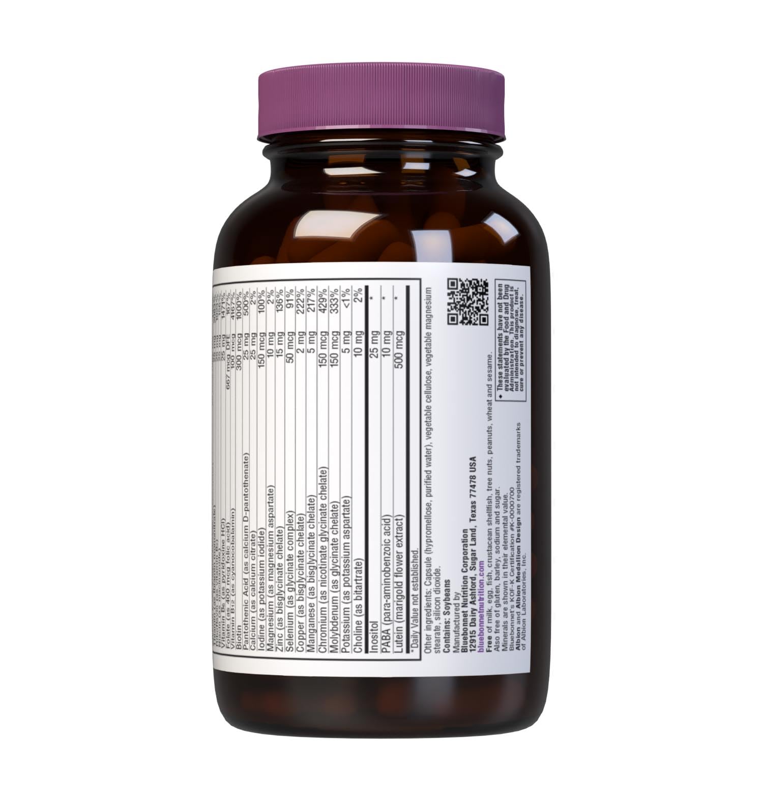 Bluebonnet Multi One ingredients list features Albion chelated minerals and essential vitamins