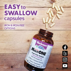 Bluebonnet Multi One with Iron packaging emphasizes 90 capsules and 3 month supply
