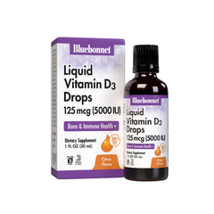Bluebonnet Nutrition Vitamin D3 drops bottle with dropper for daily bone support.