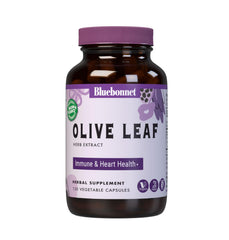 BlueBonnet Olive Leaf Herb Extract bottle showing 120 capsules for daily immune and heart health potential.