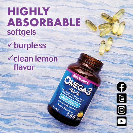 BlueBonnet Omega-3 Brain Formula bottle with softgels ready for daily cognitive support.