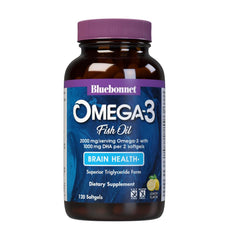 BlueBonnet Omega-3 Brain Formula softgels in bottle with lemon flavor for burpless use.