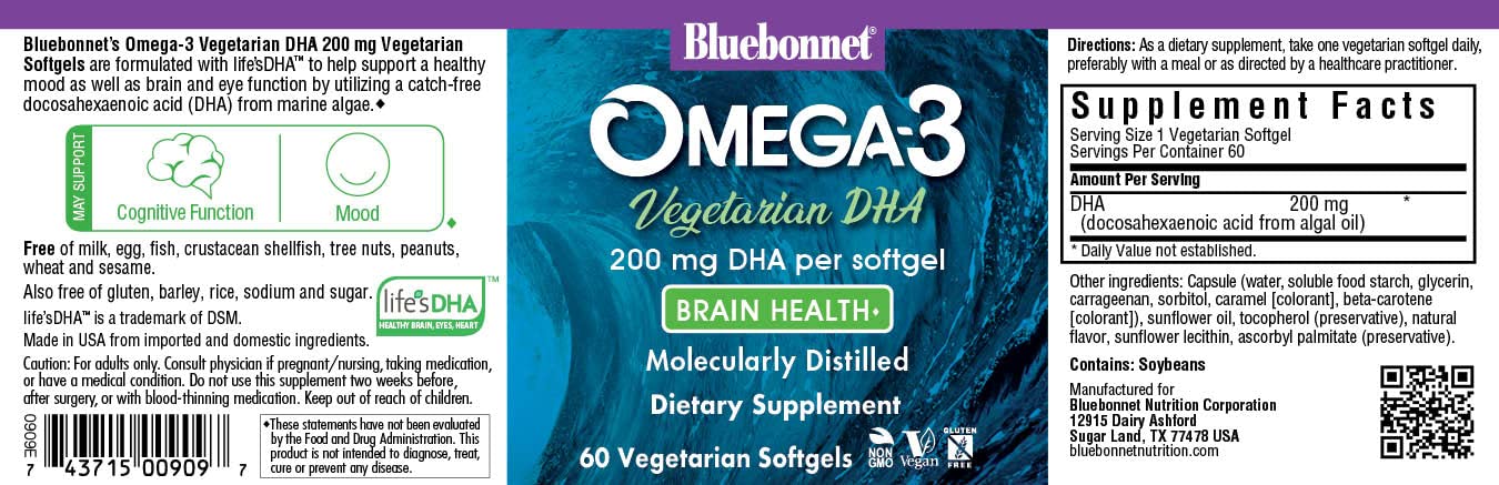 Bluebonnet Omega-3 softgels close-up highlighting vegan DHA in a convenient capsule