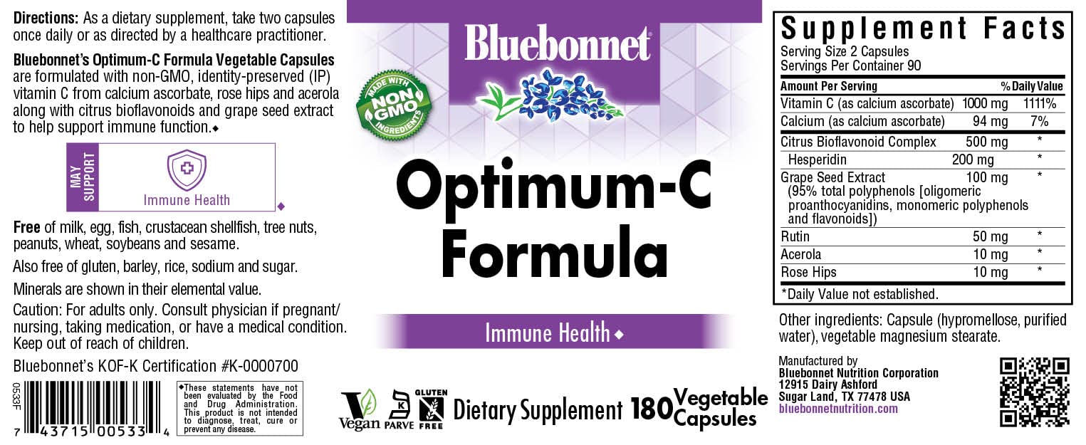BlueBonnet Optimum C Formula capsules on a label close-up highlighting non-GMO, vegan formula.