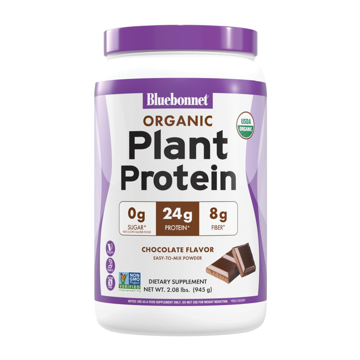 BlueBonnet Organic Plant Protein Powder tub for versatile post-workout nutrition.
