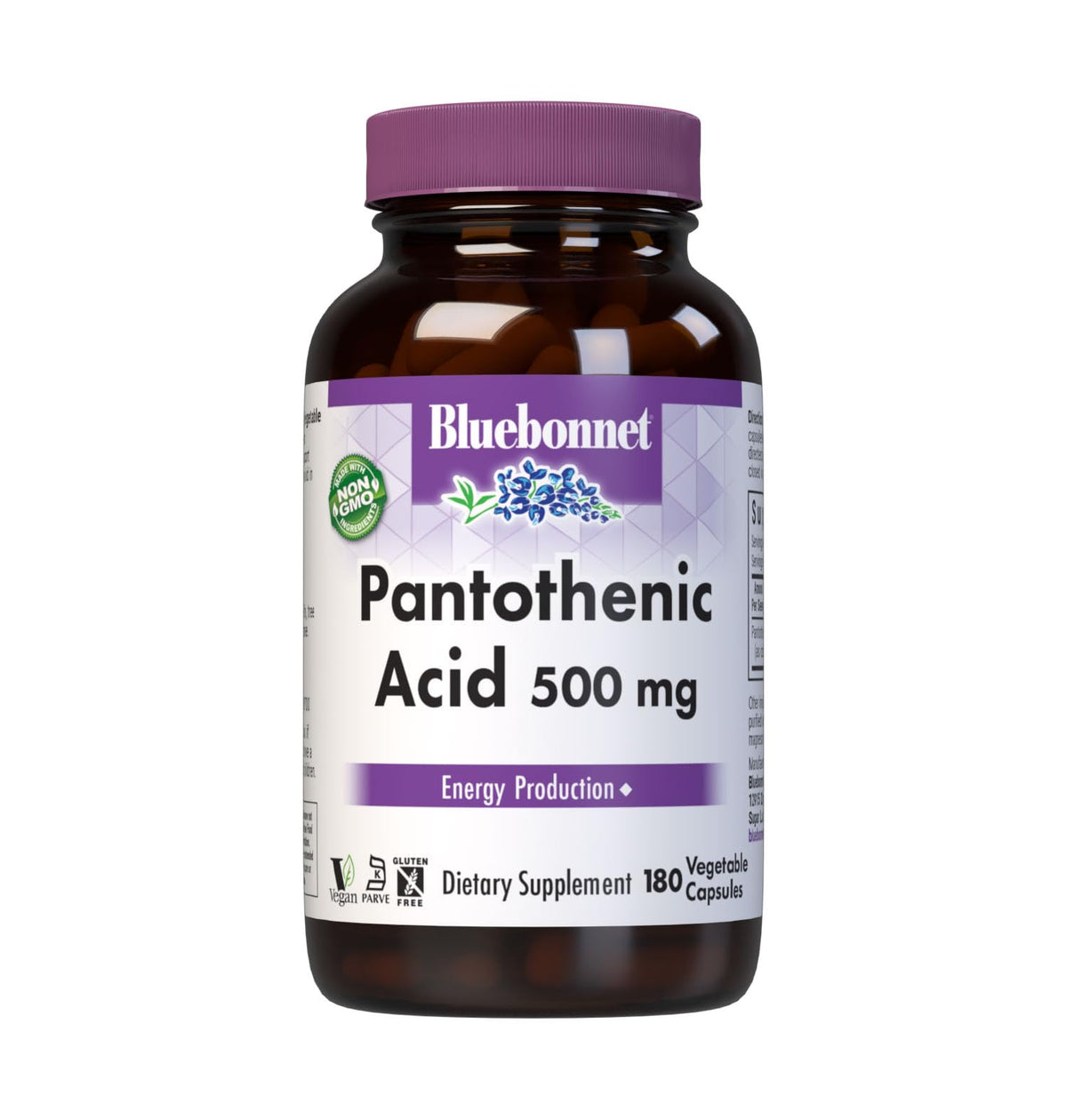 BlueBonnet Pantothenic Acid 500 mg bottle shows vegan capsules for energy support