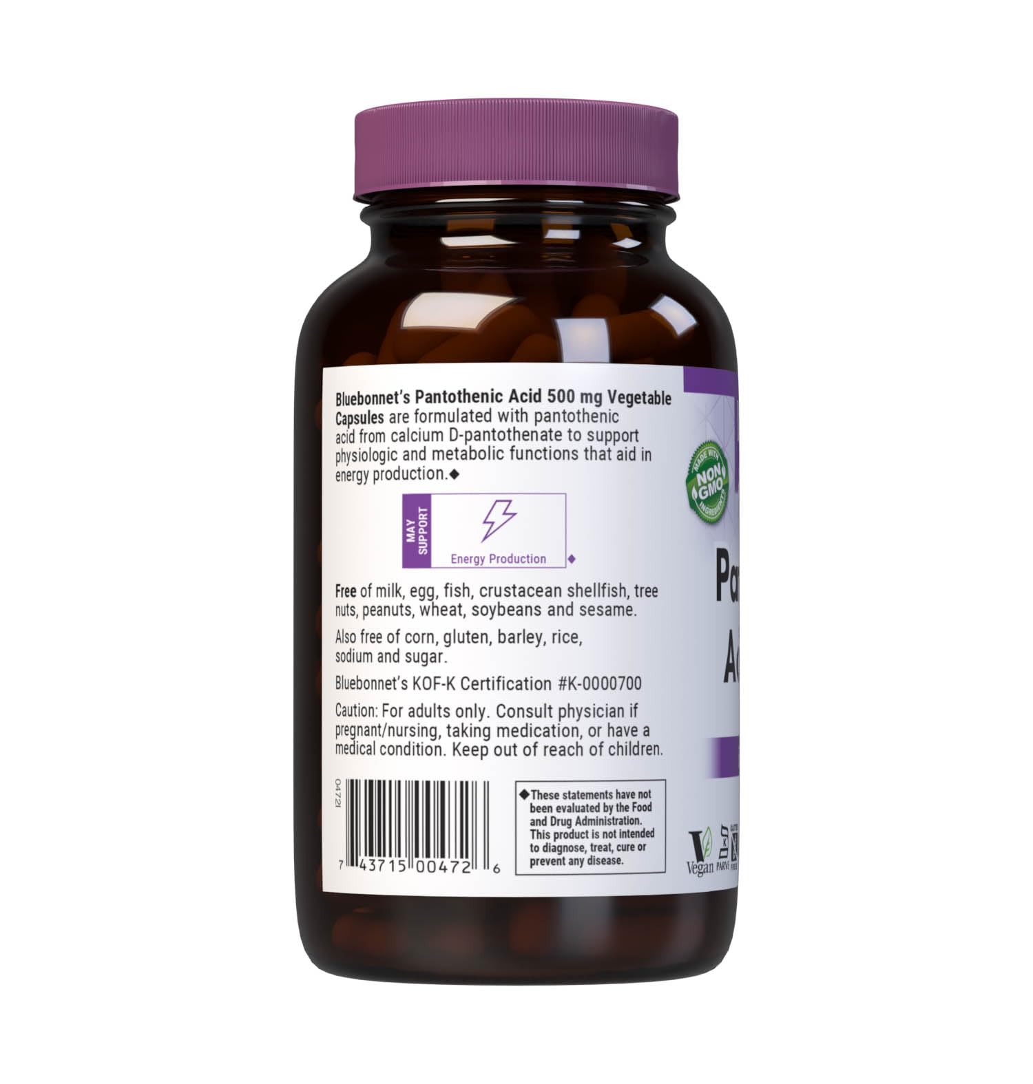 BlueBonnet Pantothenic Acid capsules on shelf, vegan and allergen-free option