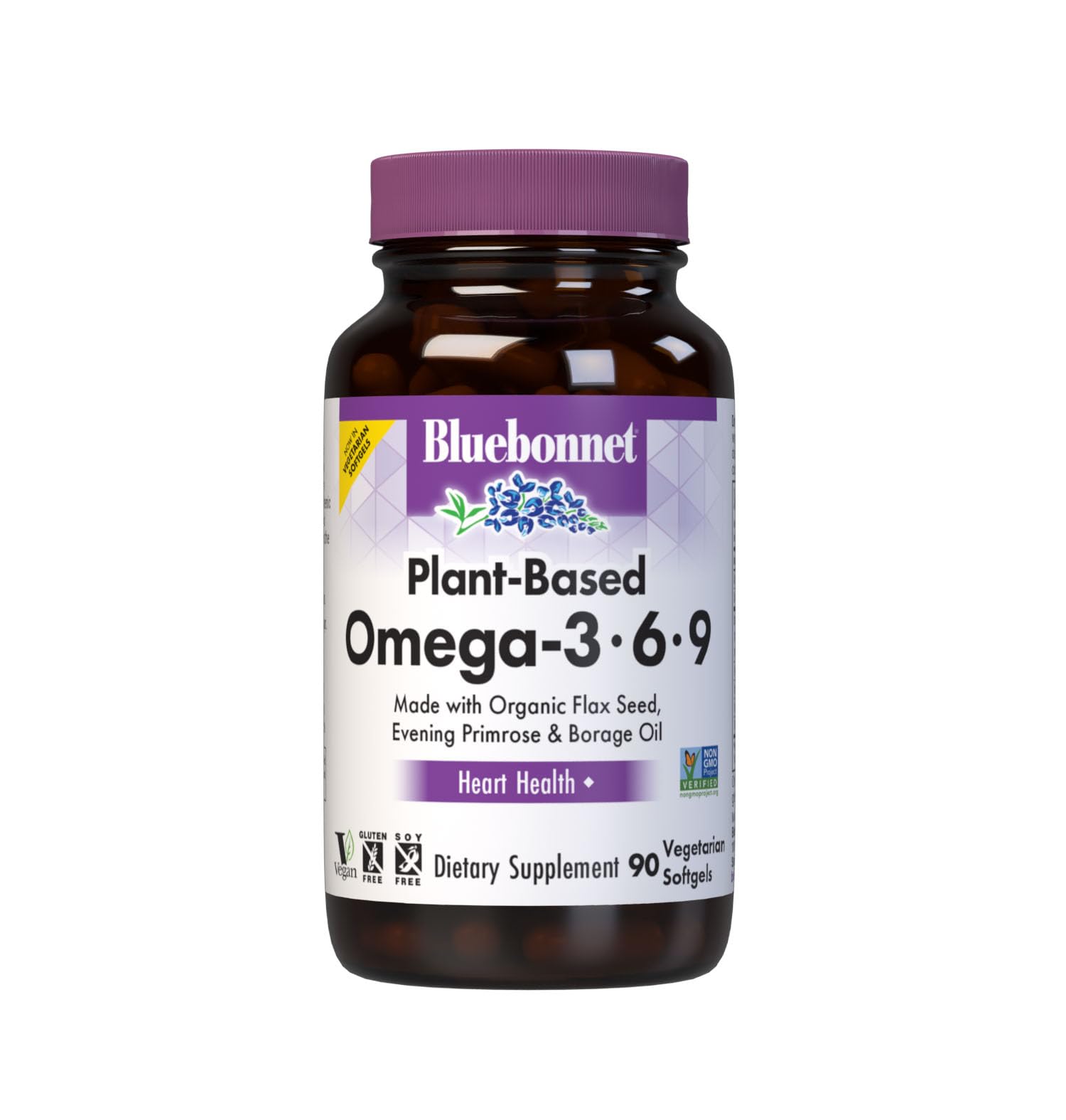 BlueBonnet plant-based omega 3-6-9 bottle showing potential heart health support.