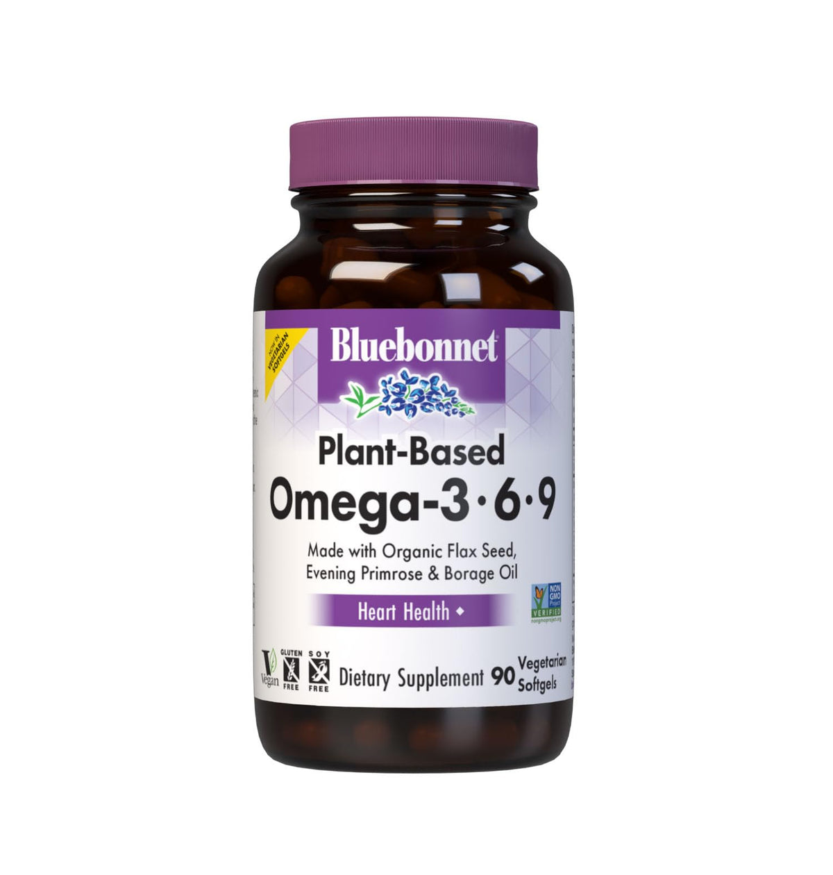 BlueBonnet plant-based omega 3-6-9 bottle showing potential heart health support.
