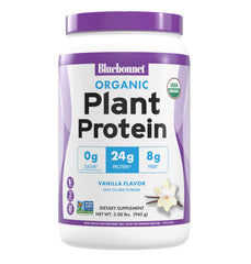 BlueBonnet plant protein powder bottle highlights organic protein for daily nutrition