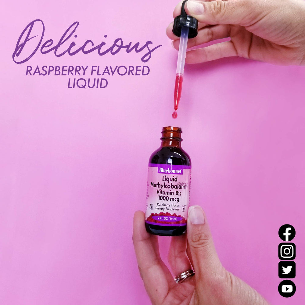 BlueBonnet Raspberry flavor B12 liquid highlights tasty vegan supplement.
