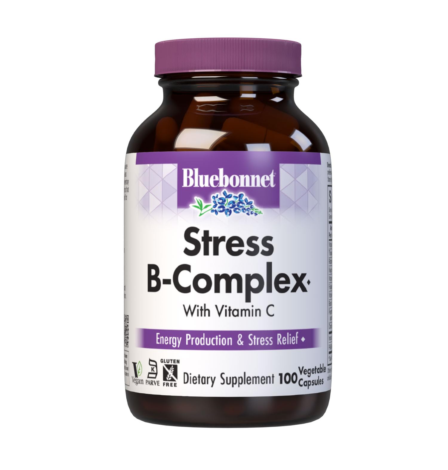 Bluebonnet Stress B-Complex bottle front with capsules for daily energy support.