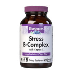 Bluebonnet Stress B-Complex bottle front with capsules for daily energy support.