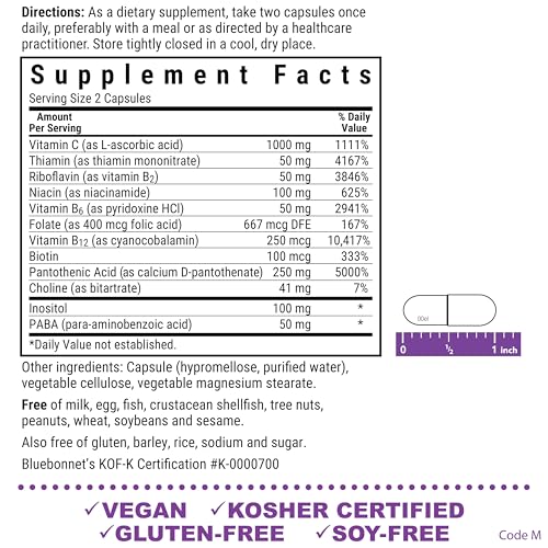 Bluebonnet Stress B-Complex capsules close-up highlighting vegan, gluten-free formulation.