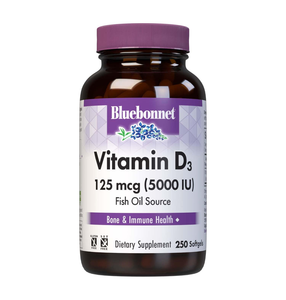 BlueBonnet Vitamin D3 5000 IU softgels bottle for daily bone support.