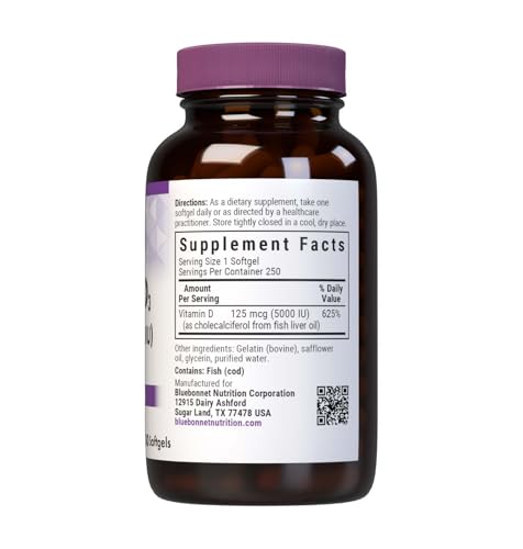 Close up of BlueBonnet Vitamin D3 label on softgel bottle.
