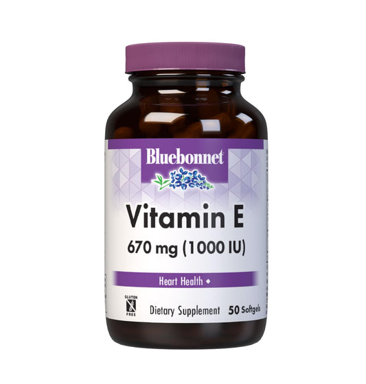 BlueBonnet Vitamin E 1000 IU softgels bottle with mixed tocopherols for daily nourishment.
