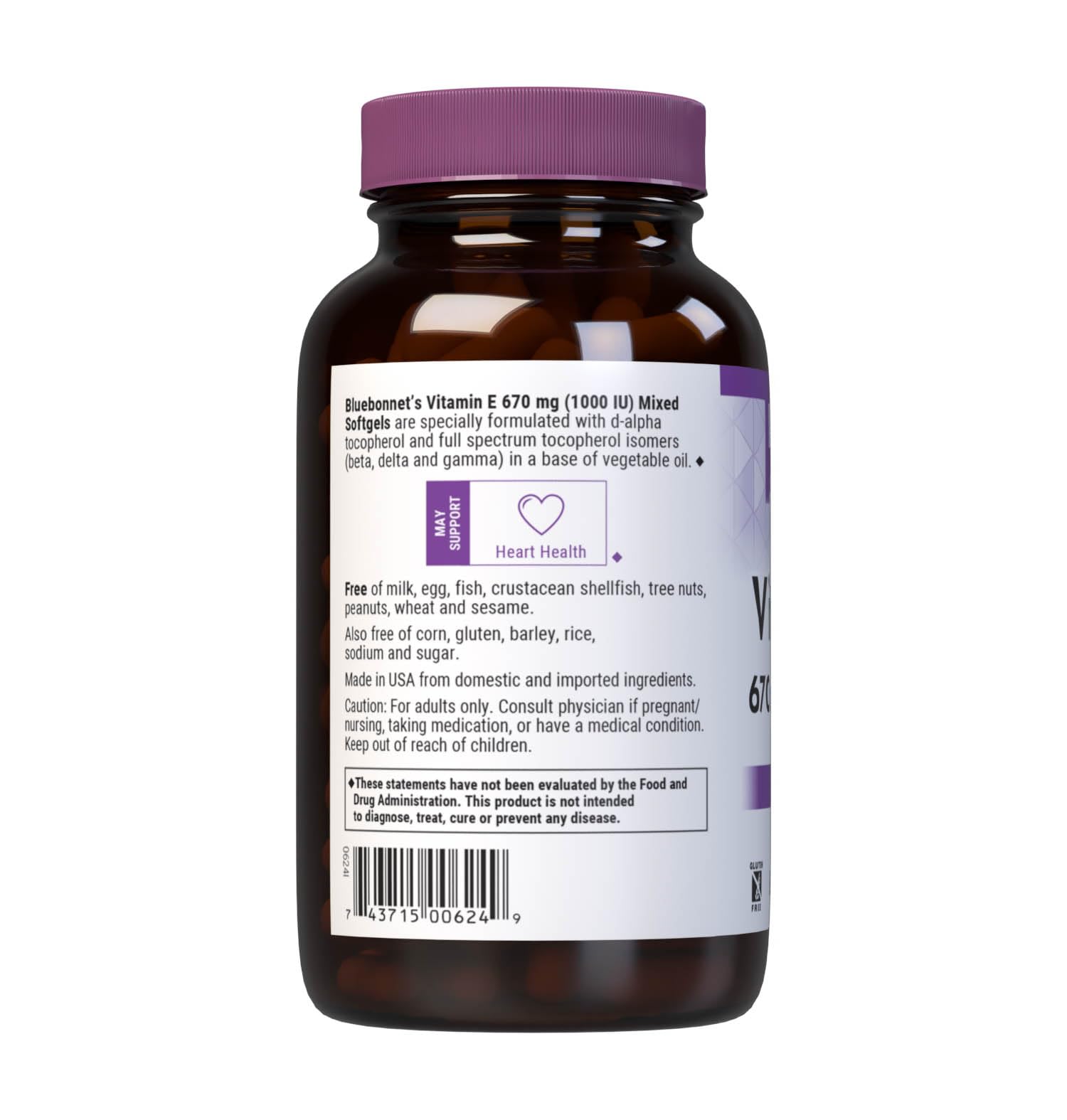 Bluebonnet Vitamin E 1000 IU softgels bottle group view shows gluten-free and dairy-free formula