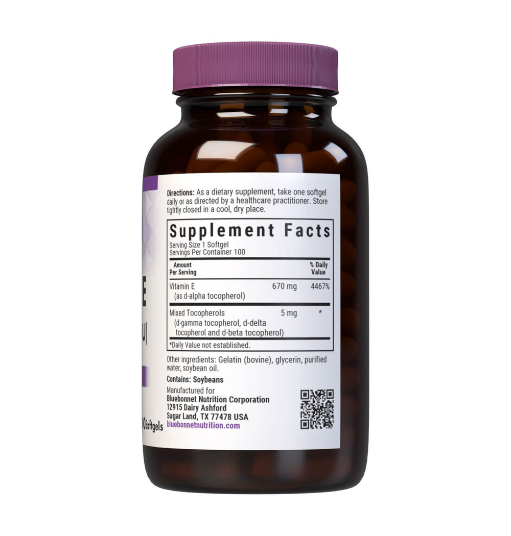 Bluebonnet Vitamin E 1000 IU softgels closeup highlights mixed tocopherols blend