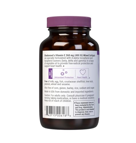 Closeup of Bluebonnet Vitamin E 400 IU label with mixed tocopherols.