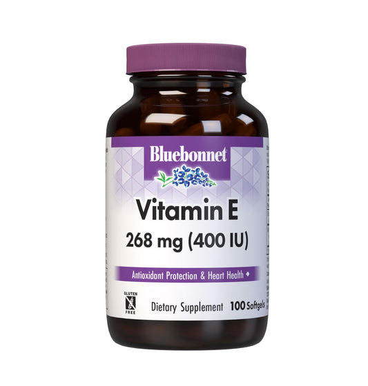 Bluebonnet Vitamin E 400 IU softgels bottle for easy daily supplementation.