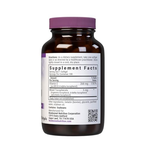 Bluebonnet Vitamin E 400 IU softgels inside jar for convenient daily use.