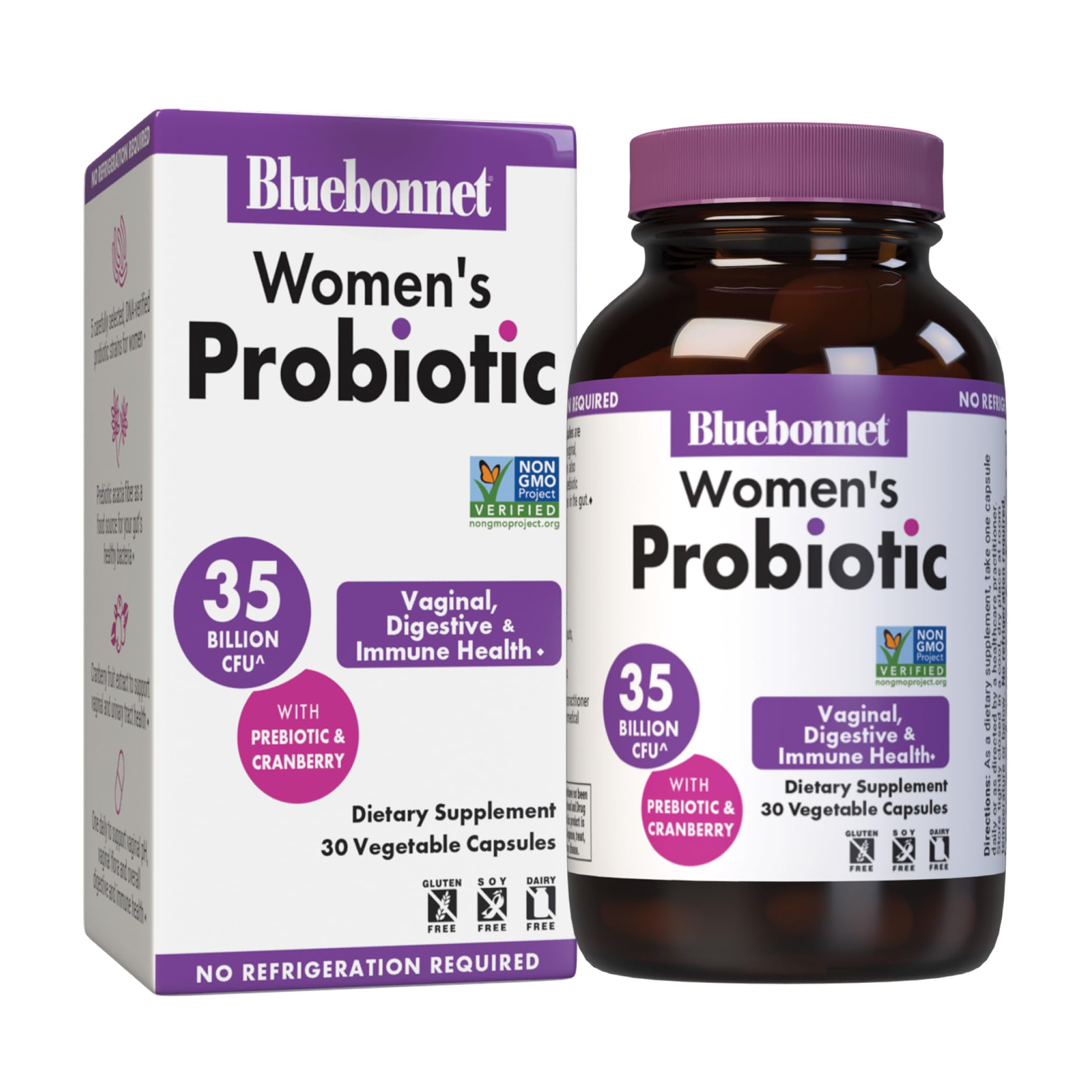 BlueBonnet Women's Probiotic bottle on a shelf supports digestive, urinary and vaginal health.