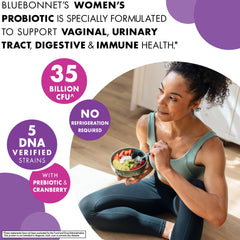 BlueBonnet Women's Probiotic capsule with cranberry supports vaginal pH balance.