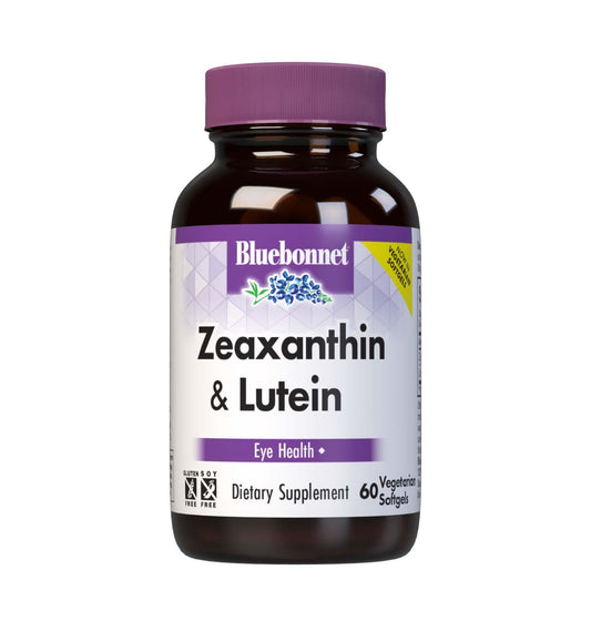 Bluebonnet Zeaxanthin & Lutein bottle front highlights eye health support in a gluten-free softgel