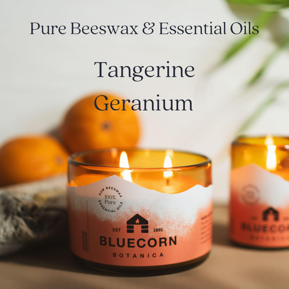 Bluecorn Beeswax 3-wick candle shows 40-hour burn time for extended evenings.