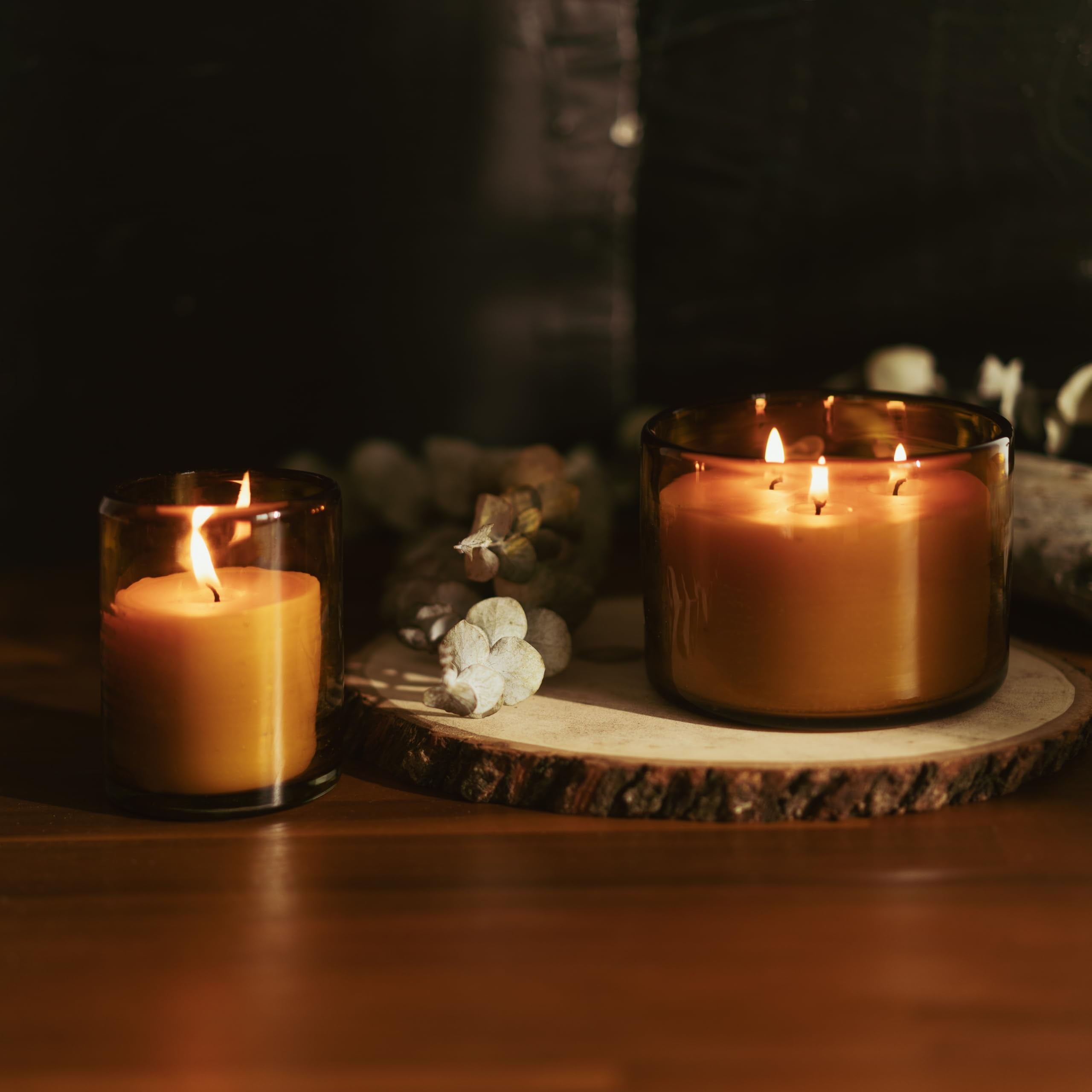 Three-wick burn time shot from Bluecorn Beeswax during a dining setting