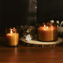 Three-wick burn time shot from Bluecorn Beeswax during a dining setting