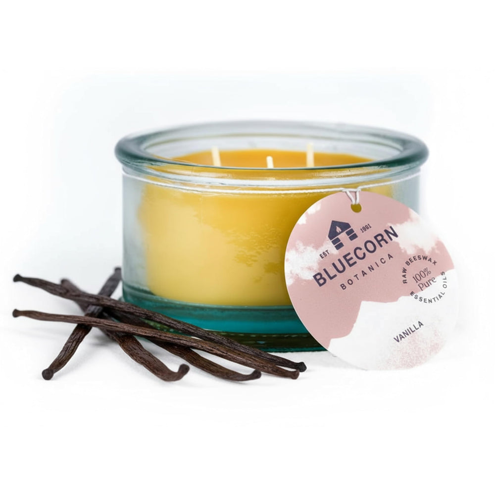 Bluecorn Beeswax 3-Wick Candle in vanilla, glass jar, for cozy lighting.