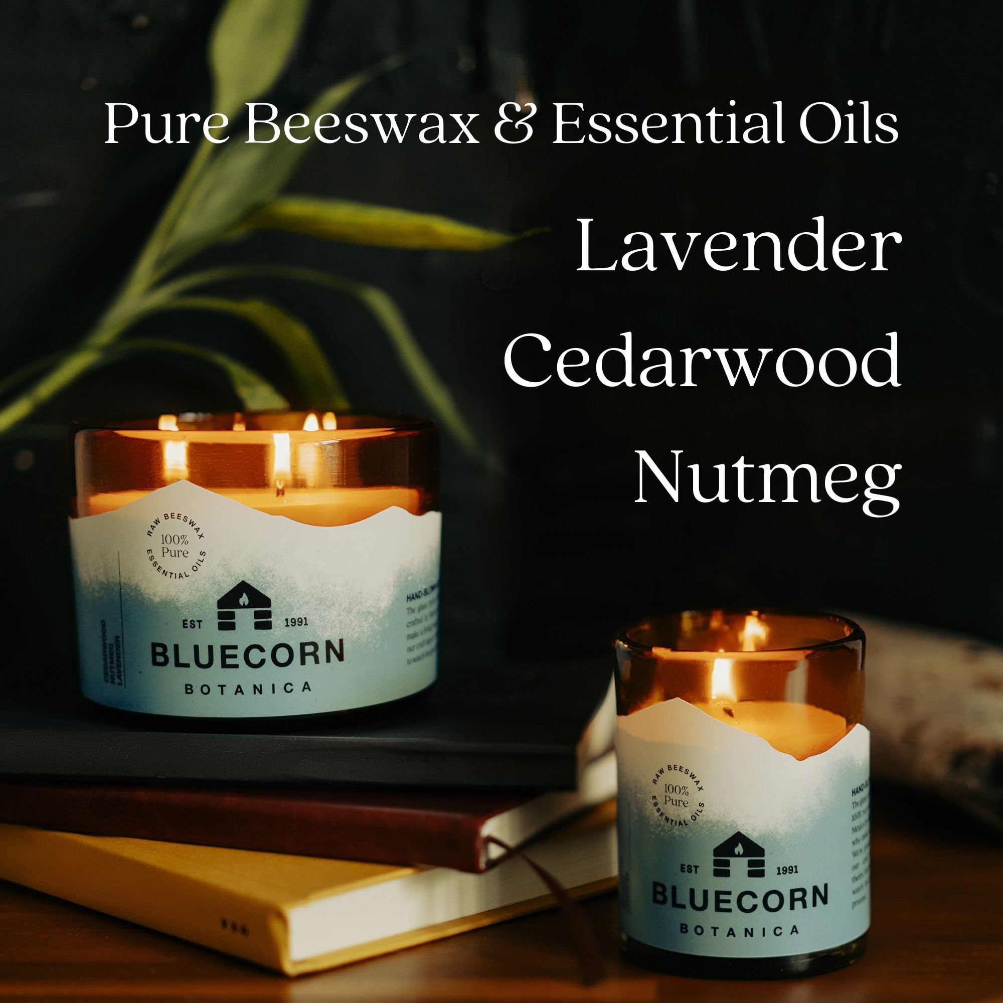 Bluecorn Beeswax aroma of cedarwood, nutmeg and lavender for cozy ambiance.
