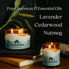 Bluecorn Beeswax aroma of cedarwood, nutmeg and lavender for cozy ambiance.