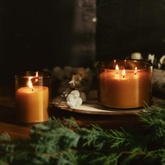 Bluecorn Beeswax Candle three-wick burn provides steady ambient glow