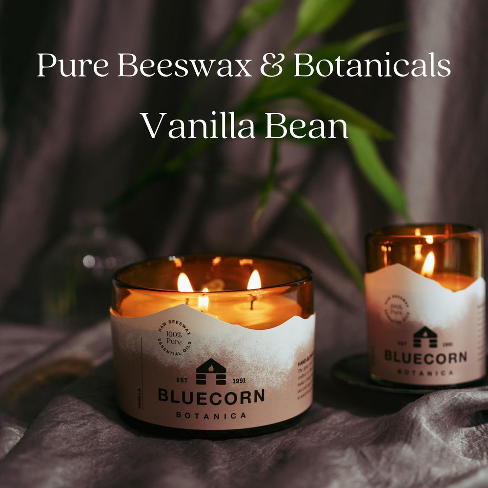 Bluecorn Beeswax vanilla-scent candle enhances dining room ambiance and decor.