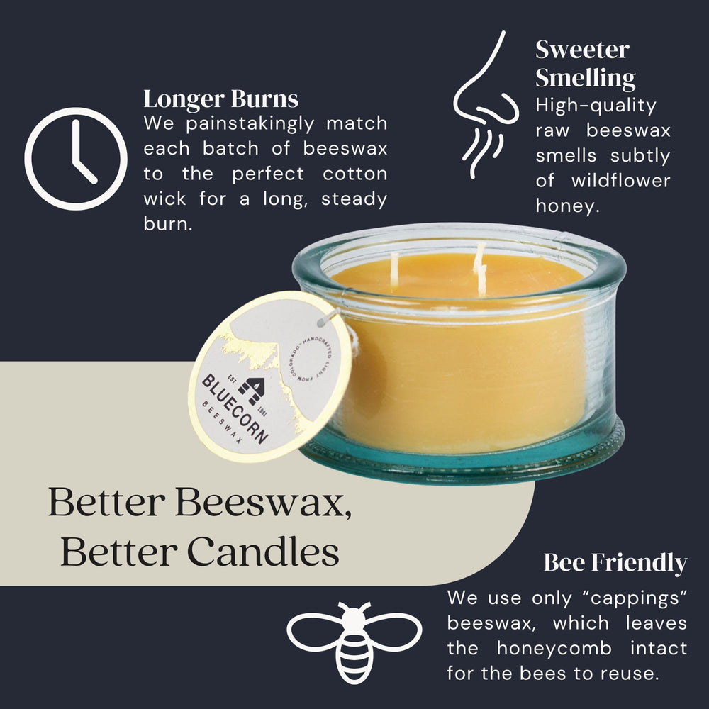 Bluecorn Beeswax candle provides gentle warmth and inviting ambiance.