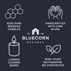 Hand-poured Bluecorn Beeswax candle from Colorado since 1991, artisanal quality.
