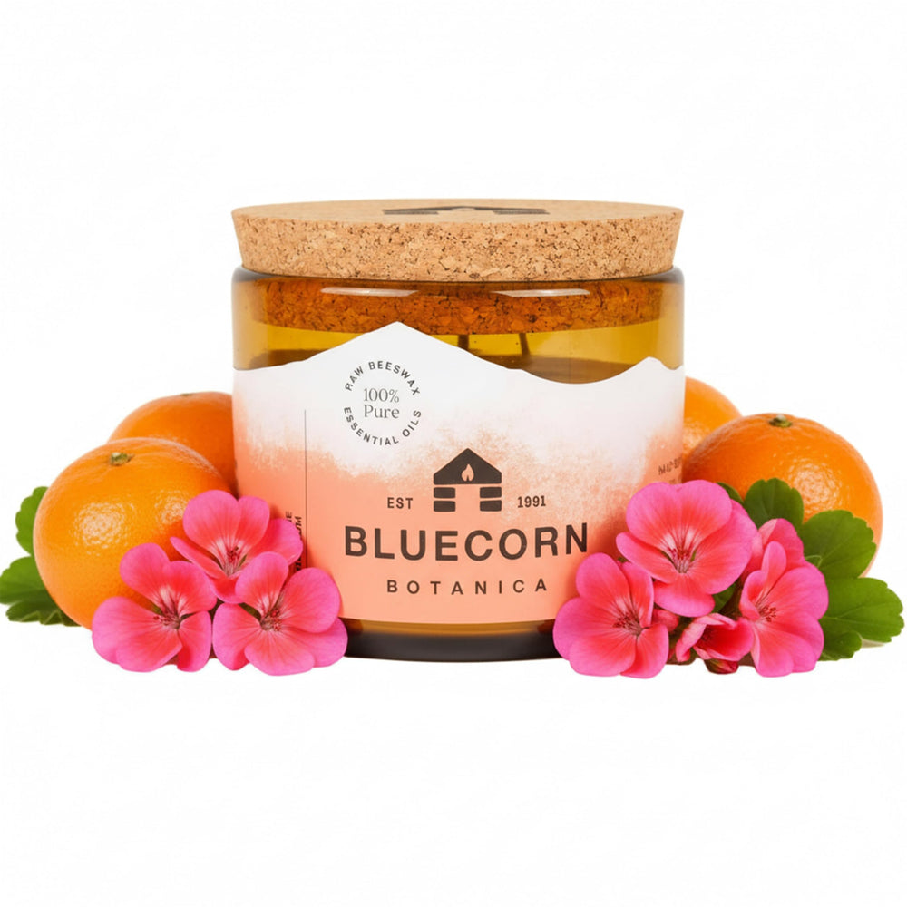 Bluecorn Beeswax large 3-wick candle in amber glass for a warm, long-lasting glow.