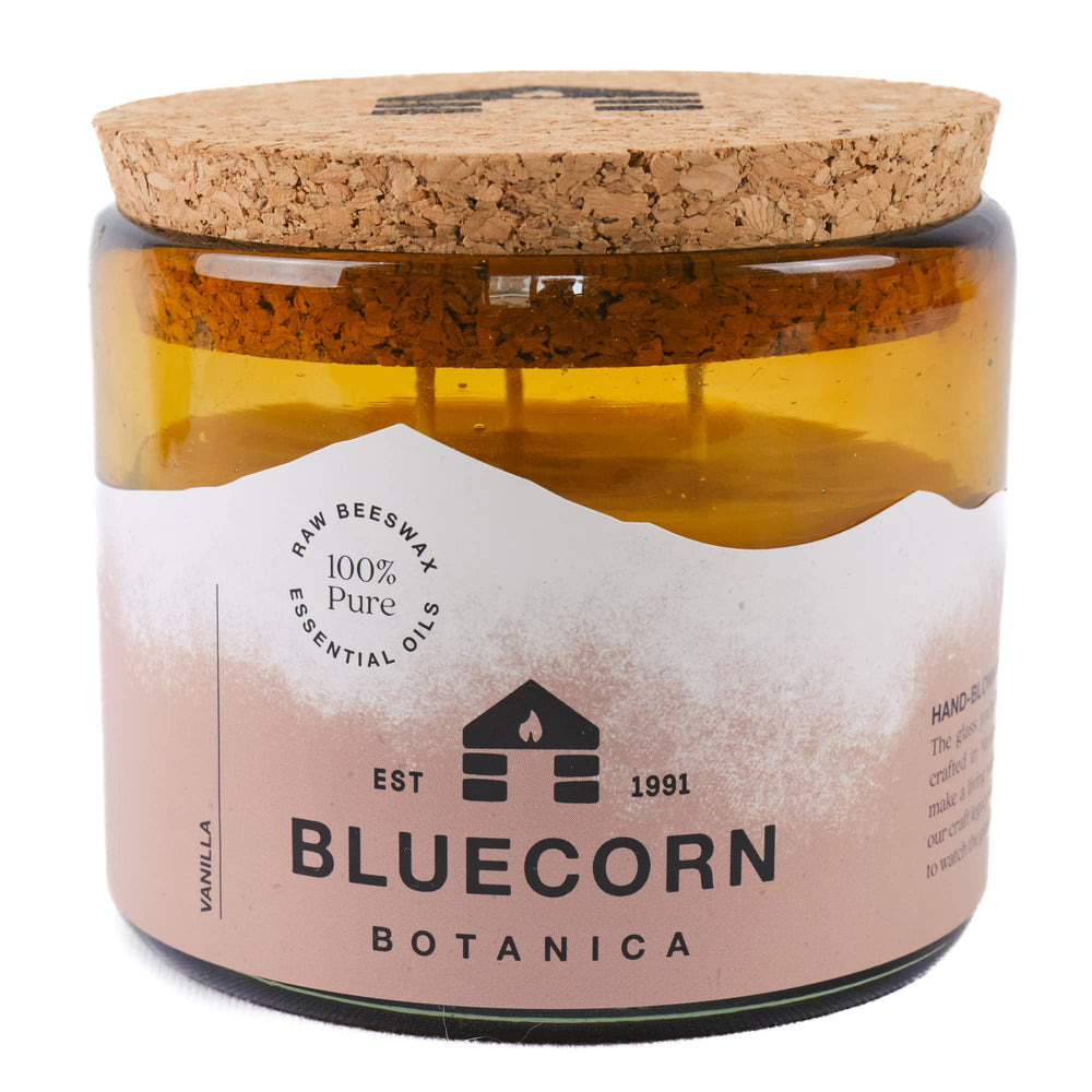 Bluecorn Beeswax large 3-wick candle with vanilla aroma in amber glass for cozy ambience.